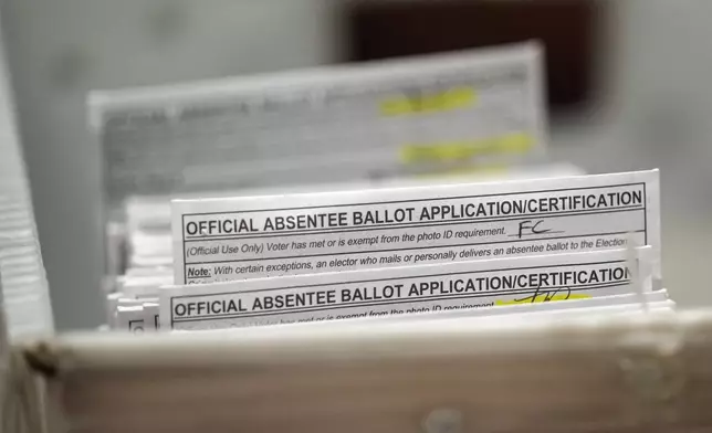 FILE - Absentee ballots are seen during a count at the Wisconsin Center for the midterm election on Nov. 8, 2022, in Milwaukee. (AP Photo/Morry Gash, File)