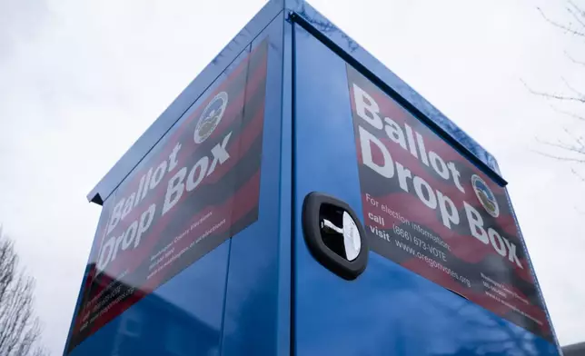 A ballot drop box is seen, Wednesday, March 6, 2024, in Sherwood, Ore. (AP Photo/Jenny Kane)