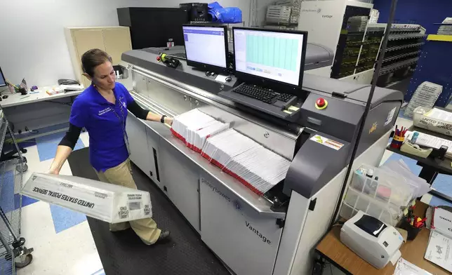 FILE - A worker processes mail-in ballots for the state's primary elections at the Orange County Supervisor of Elections office in Orlando, Fla., March 17, 2020. (Joe Burbank/Orlando Sentinel via AP, File)