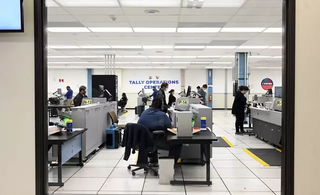 FILE - Workers count votes on election night at the Los Angeles County Registrar's Tally Operations Center in Downey, Calif., Tuesday, Nov. 3, 2020. (Keith Birmingham/The Orange County Register via AP, File)