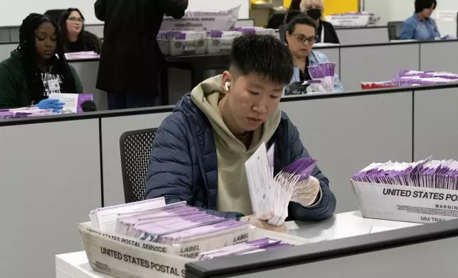 FILE - Workers check on signed signatures on mail-in ballots at the new Los Angeles County Ballot Processing Center in the City of Industry, Calif., Thursday, Feb. 29, 2024. (AP Photo/Richard Vogel, File)