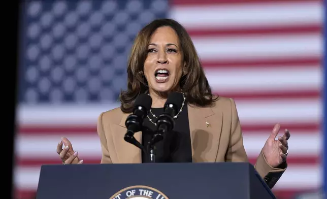 Democratic presidential nominee Vice President Kamala Harris speaks at a campaign rally at James R. Hallford Stadium, Thursday, Oct. 24, 2024, in Clarkston, Ga. (AP Photo/Julia Demaree Nikhinson)