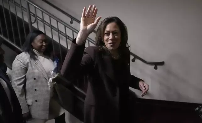 Democratic presidential nominee Vice President Kamala Harris departs after speaks during a service at the Church of Christian Compassion, Sunday, Oct. 27, 2024, in Philadelphia. (AP Photo/Susan Walsh)