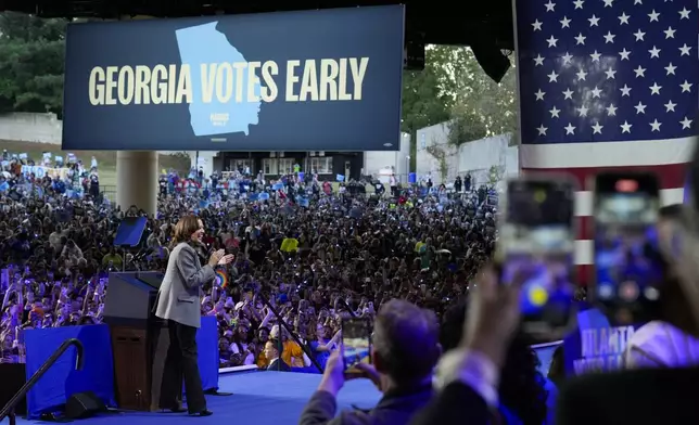 Democratic presidential nominee Vice President Kamala Harris speaks during a campaign event at Lakewood Amphitheatre, Saturday, Oct. 19, 2024, in Atlanta. (AP Photo/Jacquelyn Martin)