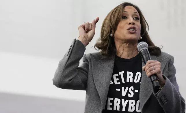 Democratic presidential nominee Vice President Kamala Harris speaks during a campaign event at Western International High School in Detroit, Saturday, Oct. 19, 2024. (AP Photo/Jacquelyn Martin)