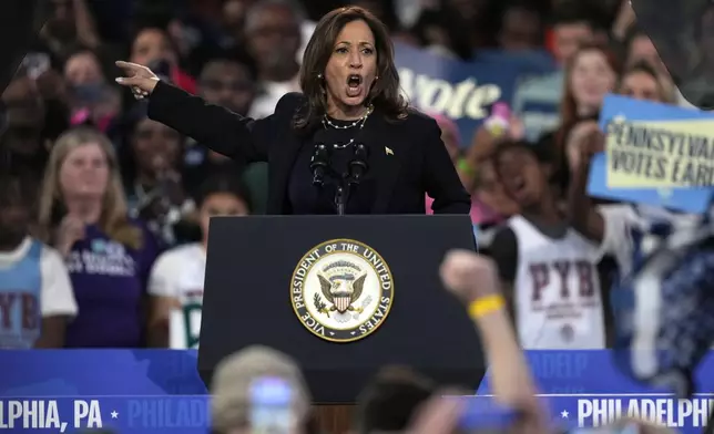 Democratic presidential nominee Vice President Kamala Harris speaks during a community rally at the Alan Horwitz "Sixth Man" Center, Sunday, Oct. 27, 2024, in Philadelphia. (AP Photo/Matt Rourke)