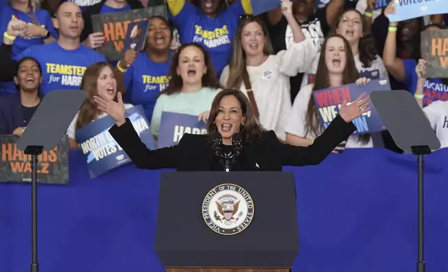 Democratic presidential nominee Vice President Kamala Harris speaks at a campaign rally, Wednesday, Oct. 30, 2024, in Raleigh, N.C. (AP Photo/Allison Joyce)