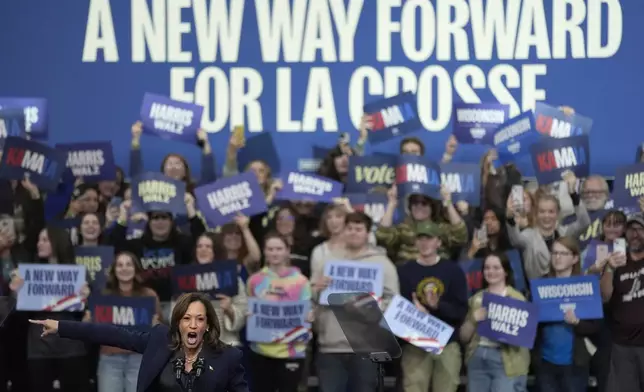 Democratic presidential nominee Vice President Kamala Harris speaks during a campaign rally at the University of Wisconsin La Crosse, in La Crosse, Wis., Thursday, Oct. 17, 2024. (AP Photo/Abbie Parr)