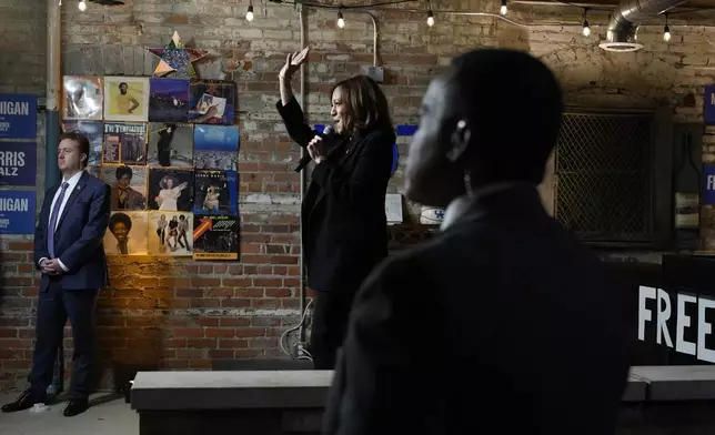 Democratic presidential nominee Vice President Kamala Harris speaks during a stop at Cred Cafe, a local Detroit small business owned by former NBA players Joe and Jamal Crawford, in Detroit, Tuesday, Oct. 15, 2024. (AP Photo/Jacquelyn Martin)