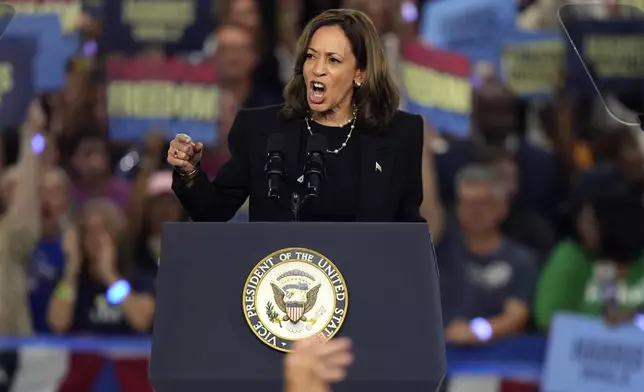 Democratic presidential nominee Vice President Kamala Harris speaks during a campaign event at the PA Farm Show Complex and Expo Center, Wednesday, Oct. 30, 2024, in Harrisburg, Pa. (AP Photo/Matt Slocum)