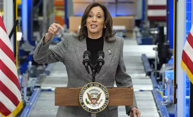 Democratic presidential nominee Vice President Kamala Harris speaks after taking a tour of the Hemlock Semiconductor Next-Generation Finishing facility in Hemlock, Mich., Monday, Oct. 28, 2024. (AP Photo/Jacquelyn Martin)