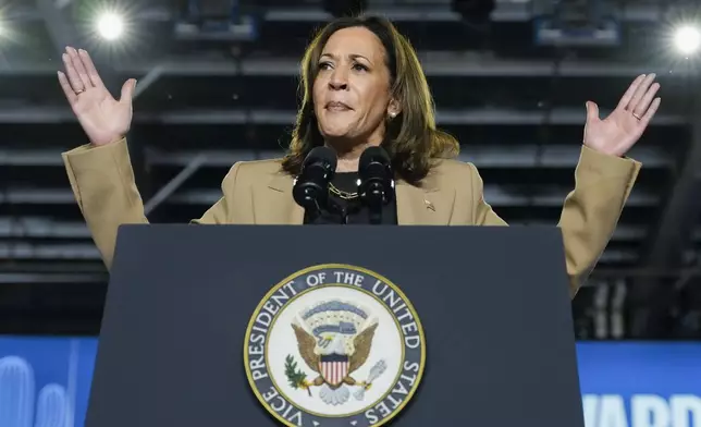 Democratic presidential nominee Vice President Kamala Harris speaks at a campaign event Thursday, Oct. 10, 2024, on the Gila River Indian Community reservation in Chandler, Ariz. (AP Photo/Ross D. Franklin)