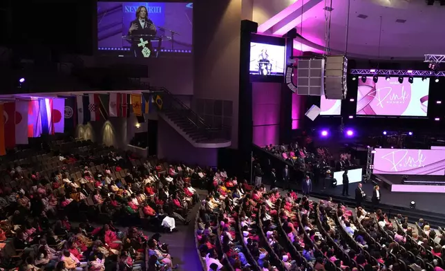 Democratic presidential nominee Vice President Kamala Harris speaks at a church service at New Birth Baptist Church in Stonecrest, Ga., Sunday, Oct. 20, 2024. (AP Photo/Jacquelyn Martin)