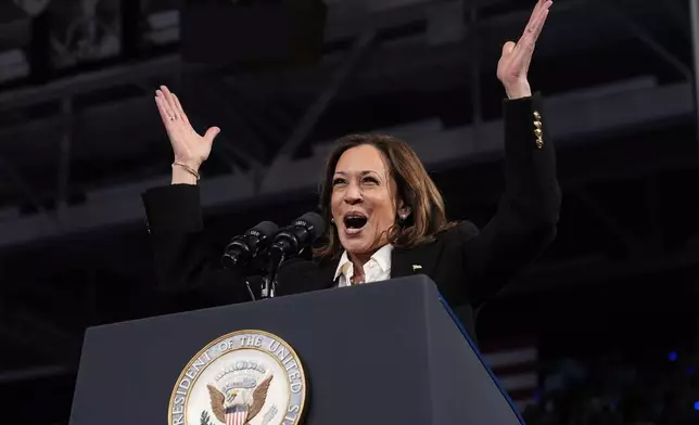 Democratic presidential nominee Vice President Kamala Harris speaks at a campaign rally at East Carolina University in Greenville, N.C., Sunday, Oct. 13, 2024. (AP Photo/Susan Walsh)