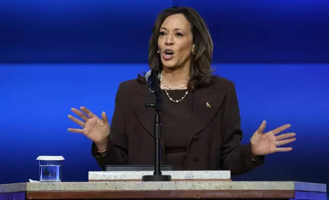 Democratic presidential nominee Vice President Kamala Harris speaks during a service at the Church of Christian Compassion, Sunday, Oct. 27, 2024, in Philadelphia. (AP Photo/Susan Walsh)