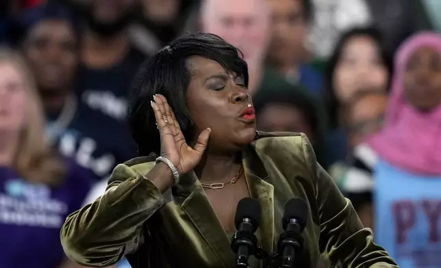 Philadelphia Mayor Cherelle Parker speaks during a community rally with Democratic presidential nominee Vice President Kamala Harris at the Alan Horwitz "Sixth Man" Center, Sunday, Oct. 27, 2024, in Philadelphia. (AP Photo/Matt Rourke)