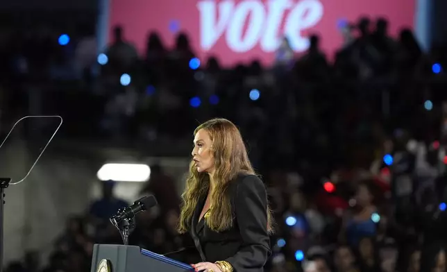 Tina Knowles, mother of entertainer Beyonce, speaking at a campaign event for Democratic presidential nominee Vice President Kamala Harris in Houston, Friday, Oct. 25, 2024. (AP Photo/Susan Walsh)