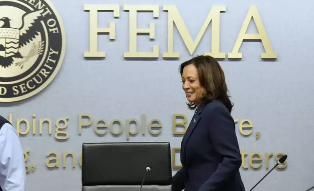 Democratic presidential nominee Vice President Kamala Harris attends a briefing at FEMA headquarters, Monday, Sept. 30, 2024, in Washington, on recovery and assistance efforts after Hurricane Helene. (AP Photo/Jacquelyn Martin)