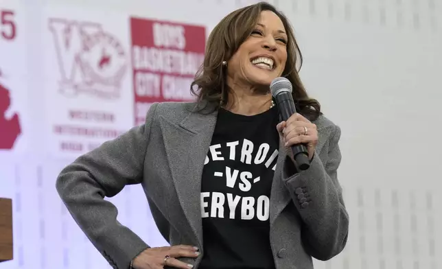 Democratic presidential nominee Vice President Kamala Harris speaks during a campaign event at Western International High School in Detroit, Saturday, Oct. 19, 2024. (AP Photo/Jacquelyn Martin)