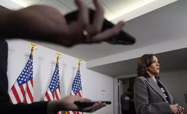 Democratic presidential nominee Vice President Kamala Harris speaks to members of the media, Saturday, Oct. 19, 2024, in Detroit. (AP Photo/Jacquelyn Martin)