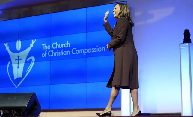 Democratic presidential nominee Vice President Kamala Harris arrives to speak during a service at the Church of Christian Compassion, Sunday, Oct. 27, 2024, in Philadelphia. (AP Photo/Susan Walsh)