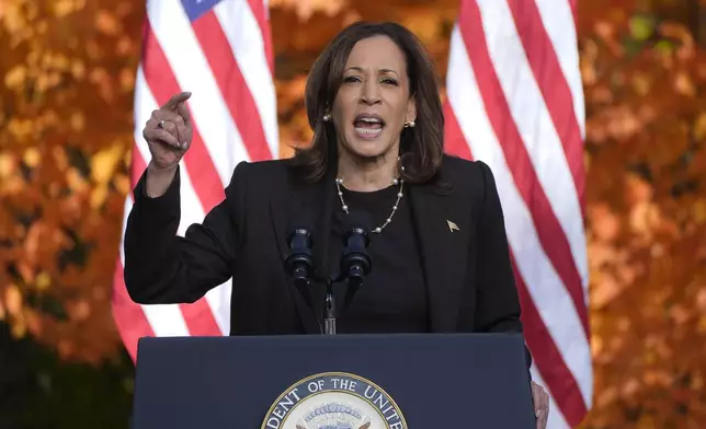 Democratic presidential nominee Vice President Kamala Harris speaks at a campaign rally in Riverside Park, Friday, Oct. 18, 2024, in Grand Rapids, Mich. (AP Photo/Paul Sancya)