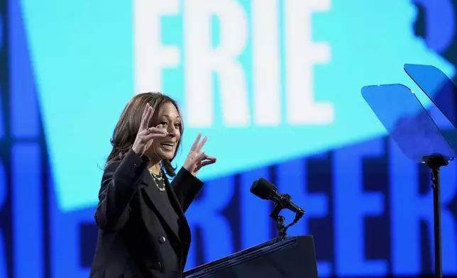 Democratic presidential nominee Vice President Kamala Harris speaks during a campaign rally at Erie Insurance Arena, in Erie, Pa., Monday, Oct. 14, 2024. (AP Photo/Jacquelyn Martin)