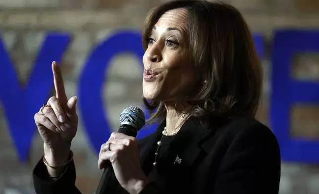 Democratic presidential nominee Vice President Kamala Harris speaks during a stop at Cred Cafe, a local Detroit small business owned by former NBA players Joe and Jamal Crawford, in Detroit, Tuesday, Oct. 15, 2024. (AP Photo/Jacquelyn Martin)