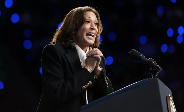 Democratic presidential nominee Vice President Kamala Harris speaks at a campaign rally at East Carolina University in Greenville, N.C., Sunday, Oct. 13, 2024. (AP Photo/Susan Walsh)