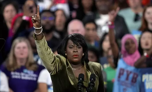 Philadelphia Mayor Cherelle Parker speaks during a community rally with Democratic presidential nominee Vice President Kamala Harris at the Alan Horwitz "Sixth Man" Center, Sunday, Oct. 27, 2024, in Philadelphia. (AP Photo/Matt Rourke)