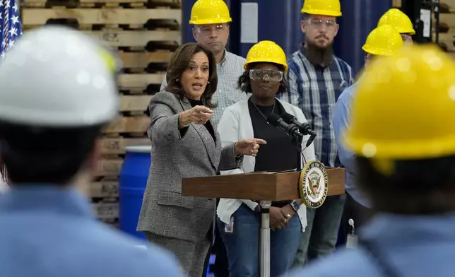 Democratic presidential nominee Vice President Kamala Harris speaks after taking a tour of the Hemlock Semiconductor Next-Generation Finishing facility in Hemlock, Mich., Monday, Oct. 28, 2024. (AP Photo/Jacquelyn Martin)