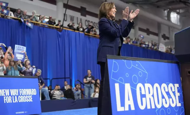 Democratic presidential nominee Vice President Kamala Harris speaks during a campaign rally at the University of Wisconsin La Crosse, in La Crosse, Wis., Thursday, Oct. 17, 2024. (AP Photo/Jacquelyn Martin)