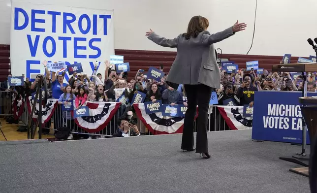 Democratic presidential nominee Vice President Kamala Harris arrives to speak during a campaign event at Western International High School in Detroit, Saturday, Oct. 19, 2024. (AP Photo/Jacquelyn Martin)