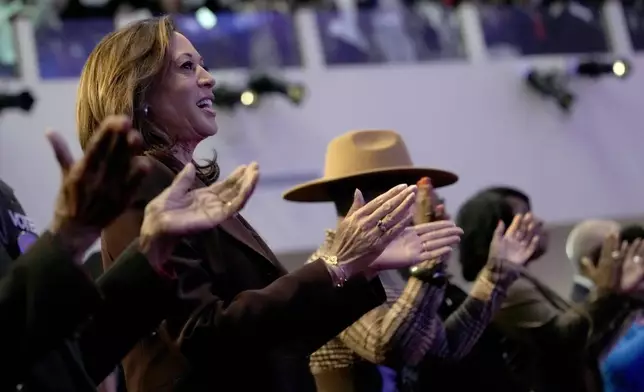 Democratic presidential nominee Vice President Kamala Harris attends a service at the Church of Christian Compassion, Sunday, Oct. 27, 2024, in Philadelphia. (AP Photo/Susan Walsh)