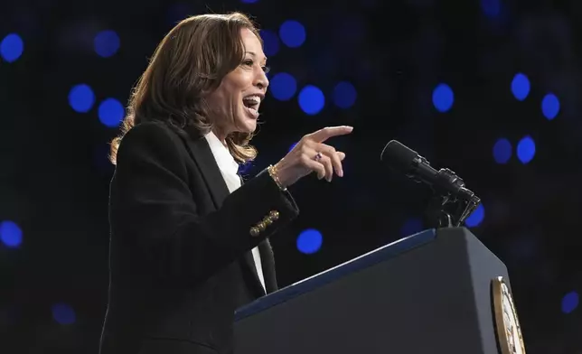 Democratic presidential nominee Vice President Kamala Harris speaks at a campaign rally at East Carolina University in Greenville, N.C., Sunday, Oct. 13, 2024. (AP Photo/Susan Walsh)