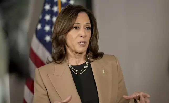 Democratic presidential nominee Vice President Kamala Harris speaks to reporters in Philadelphia, Thursday, Oct. 24, 2024. (AP Photo/Matt Rourke)