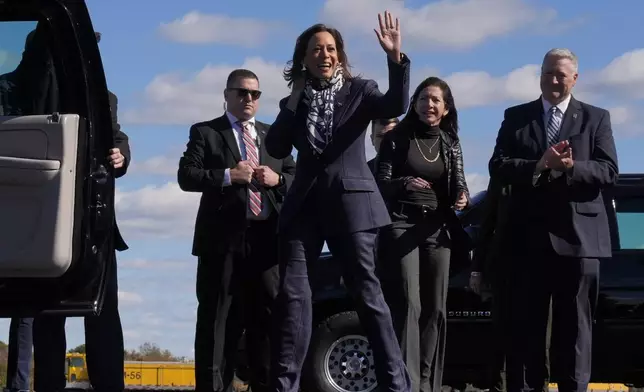 Democratic presidential nominee Vice President Kamala Harris, arrives at Trenton-Mercer Airport, in Mercer County, New Jersey, Wednesday, Oct. 16, 2024, en route to a campaign rally in Pennsylvania. (AP Photo/Jacquelyn Martin)