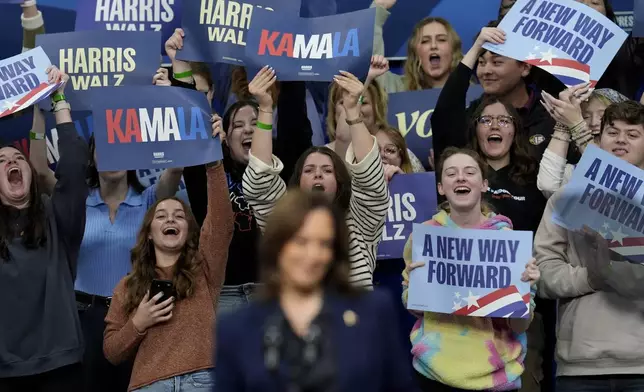 Democratic presidential nominee Vice President Kamala Harris speaks during a campaign rally at the University of Wisconsin La Crosse, in La Crosse, Wis., Thursday, Oct. 17, 2024. (AP Photo/Abbie Parr)