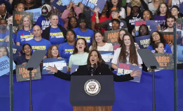 Democratic presidential nominee Vice President Kamala Harris speaks at a campaign rally, Wednesday, Oct. 30, 2024, in Raleigh, N.C. (AP Photo/Allison Joyce)