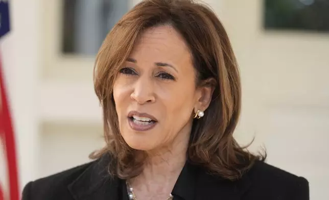 Democratic presidential nominee Vice President Kamala Harris speaks at the vice president's residence in Washington, Wednesday, Oct. 23, 2024. (AP Photo/Mark Schiefelbein)