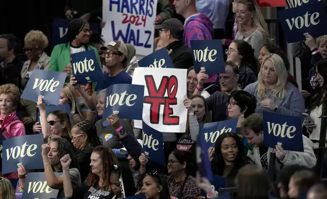 Supporters hold up signs at a community rally with Democratic presidential nominee Vice President Kamala Harris at the Alan Horwitz "Sixth Man" Center, Sunday, Oct. 27, 2024, in Philadelphia. (AP Photo/Matt Rourke)