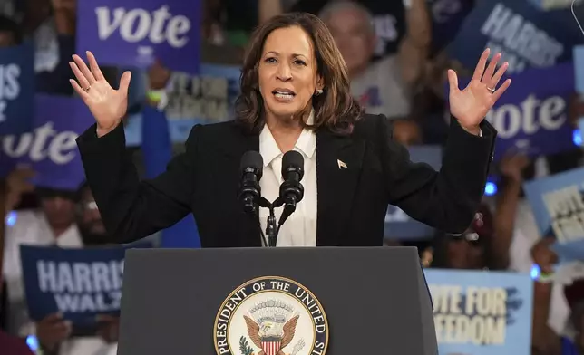 Democratic presidential nominee Vice President Kamala Harris speaks during a campaign event at East Carolina University, Sunday, Oct. 13, 2024, in Greenville, N.C. (AP Photo/David Yeazell)