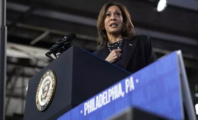 Democratic presidential nominee Vice President Kamala Harris speaks during a community rally at the Alan Horwitz "Sixth Man" Center, Sunday, Oct. 27, 2024, in Philadelphia. (AP Photo/Susan Walsh)