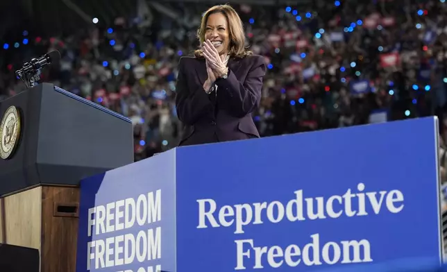 Democratic presidential nominee Vice President Kamala Harris on stage before speaking at a rally in Houston, Friday, Oct. 25, 2024. (AP Photo/Susan Walsh)