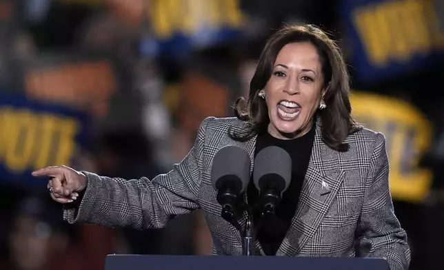 Democratic presidential nominee Vice President Kamala Harris speaks during a campaign rally at Burns Park in Ann Arbor, Mich., Monday, Oct. 28, 2024. (AP Photo/Carlos Osorio)