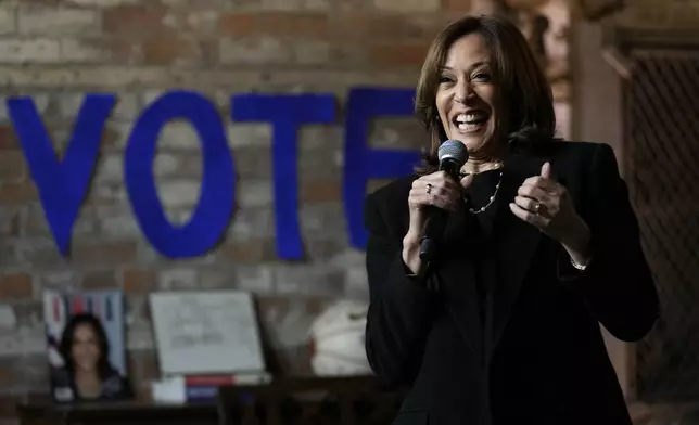 Democratic presidential nominee Vice President Kamala Harris speaks during a stop at Cred Cafe, a local Detroit small business owned by former NBA players Joe and Jamal Crawford, in Detroit, Tuesday, Oct. 15, 2024. (AP Photo/Jacquelyn Martin)