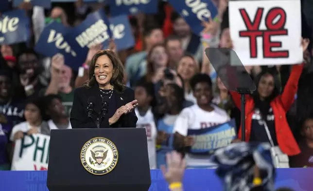 Democratic presidential nominee Vice President Kamala Harris speaks during a community rally at the Alan Horwitz "Sixth Man" Center, Sunday, Oct. 27, 2024, in Philadelphia. (AP Photo/Matt Rourke)