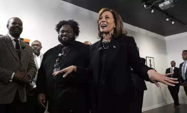 Democratic presidential nominee Vice President Kamala Harris talks during a visit to Norwest Gallery of Art in Detroit, Tuesday, Oct. 15, 2024. (AP Photo/Jacquelyn Martin)