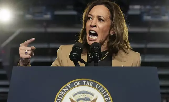 Democratic presidential nominee Vice President Kamala Harris speaks at a campaign event Thursday, Oct. 10, 2024, on the Gila River Indian Community reservation in Chandler, Ariz. (AP Photo/Ross D. Franklin)