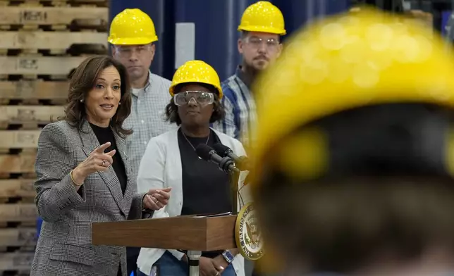 Democratic presidential nominee Vice President Kamala Harris speaks after taking a tour of the Hemlock Semiconductor Next-Generation Finishing facility in Hemlock, Mich., Monday, Oct. 28, 2024. (AP Photo/Jacquelyn Martin)